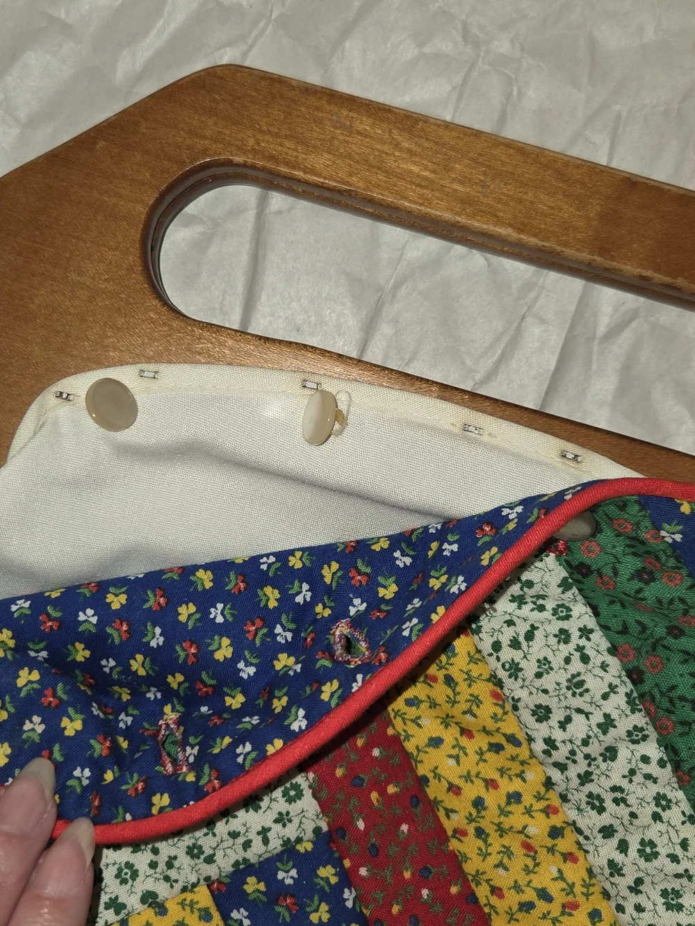Rare 70s Vintage Multicolor Quilted Clutch with Wooden Handle Removeable Cover